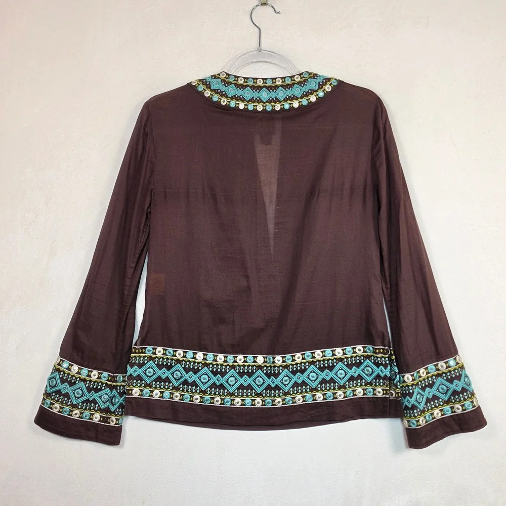 Tory Burch Tunic Women 2 Brown Boho Coastal Festival Embroidered Blue Resortwear